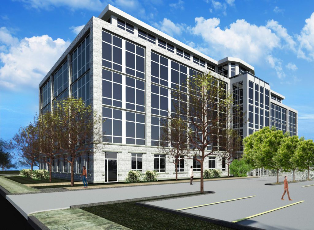 A rendering of the exterior of an office building.