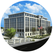 A large building with an american flag on the front.