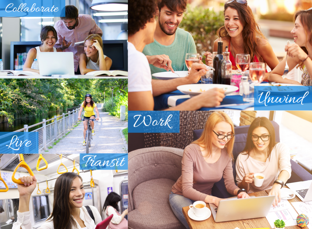 A collage of people sitting at tables with laptops.