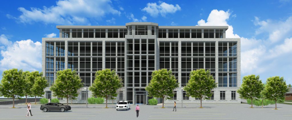 A rendering of the exterior of a building with trees.