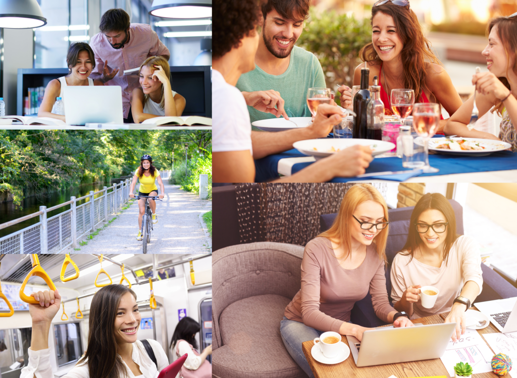 A collage of people sitting at tables and eating.