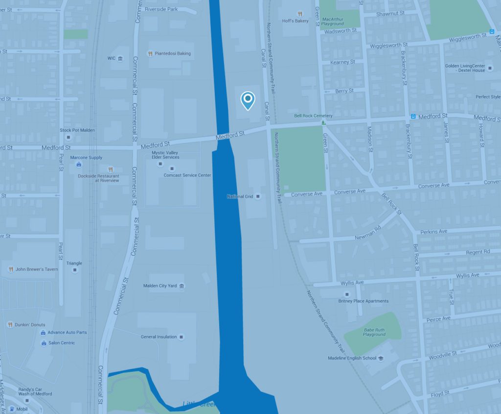 A map of the city with a river running through it.