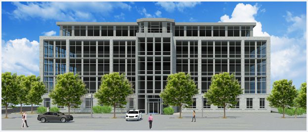 A rendering of the front entrance to a building.