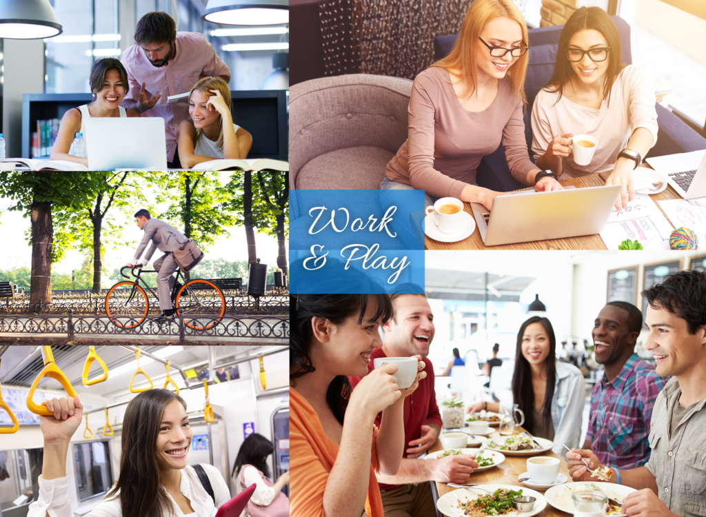 A collage of people having coffee and eating.