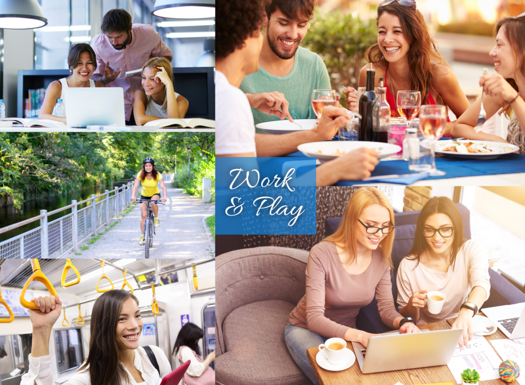 A collage of people sitting at tables and eating.