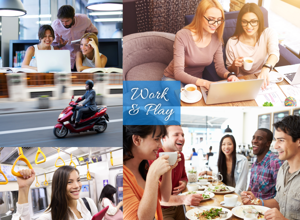 A collage of people sitting at tables and drinking coffee.
