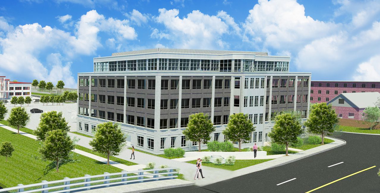 A rendering of the new building on the corner.