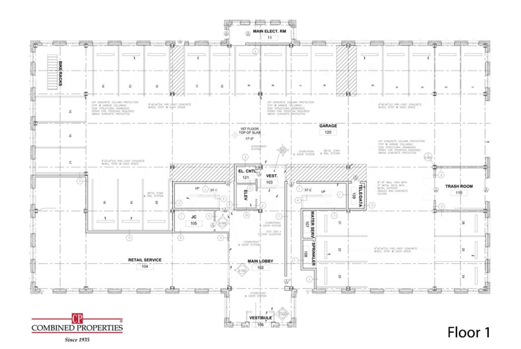 A floor plan of an office building with many windows.