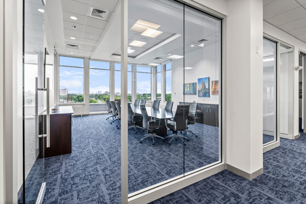 A conference room with a view of the city.