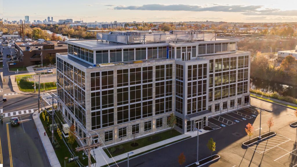 An aerial view of a building with many windows.